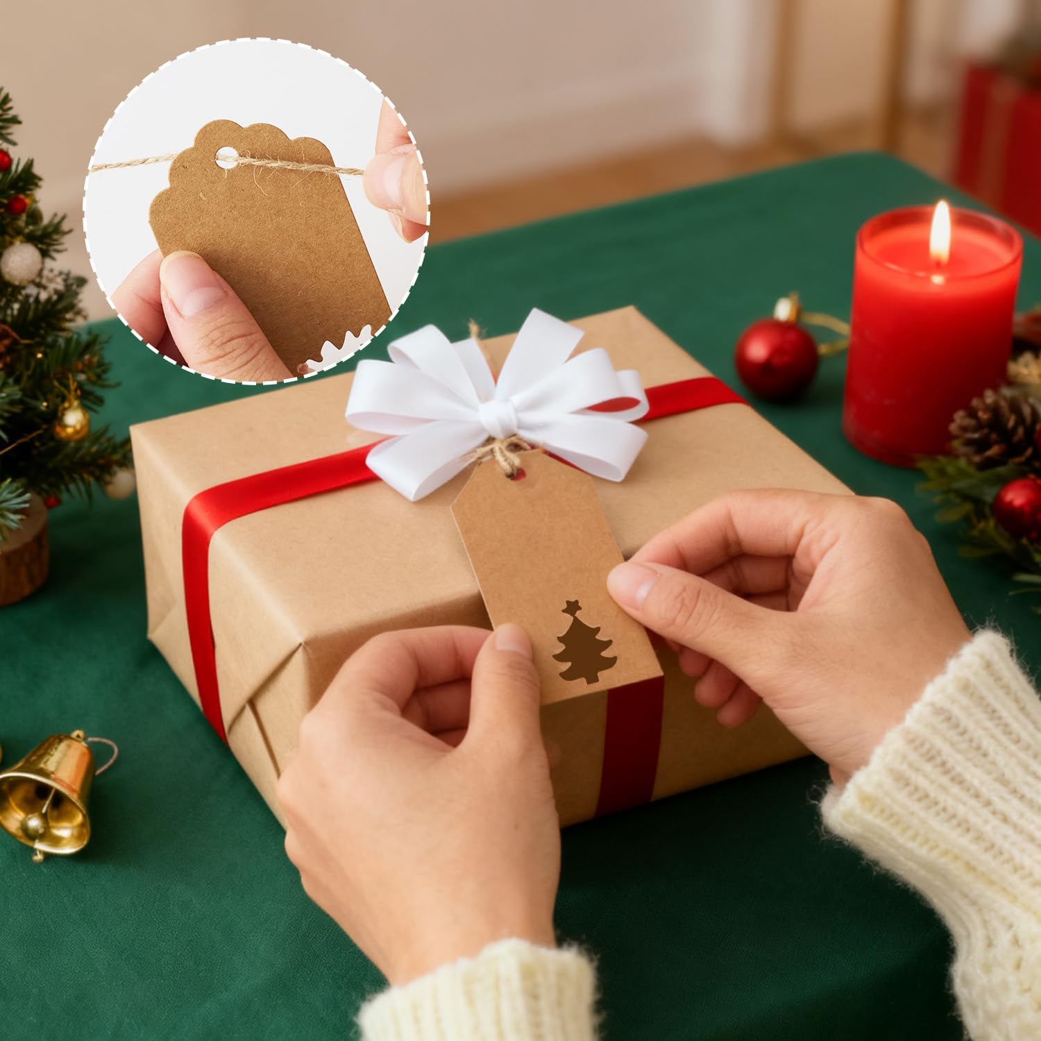 150 Pcs Christmas Paper Tags with String Attached Labels Christmas Tree Snowflake Reindeer Design Writable Hang Tag with 30 Meters Jute Twine for Christmas Holiday Present Wrap (Brown)